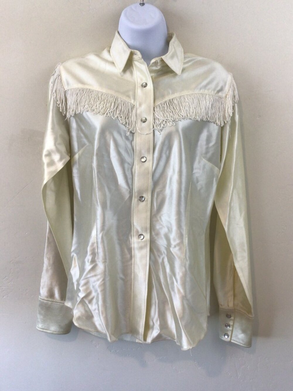 H Bar C Ivory Off White Fringe Pearl Snap Size M 34 Long Tail Western Shirt